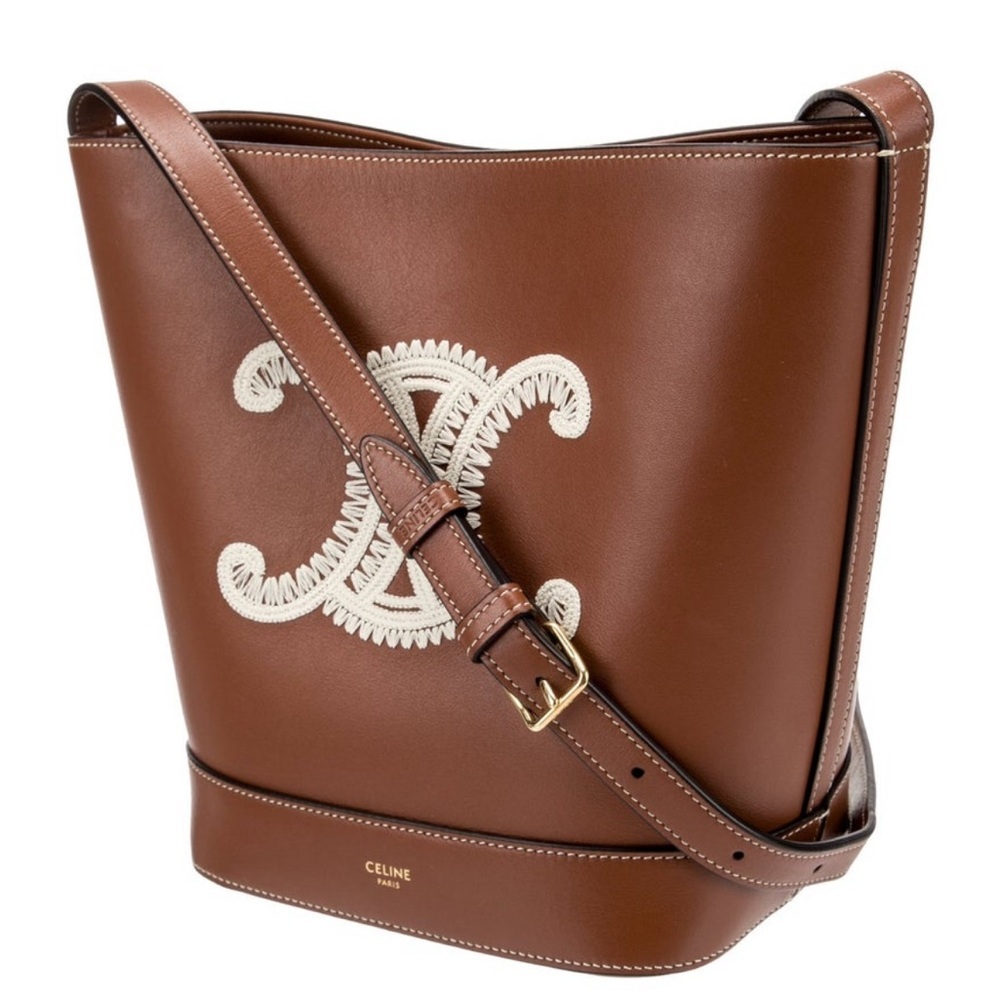 Celine 2022 Small Triomphe Brown Calfskin Leather Logo Embroidery Bucket Bag EUC - Picture 3 of 11